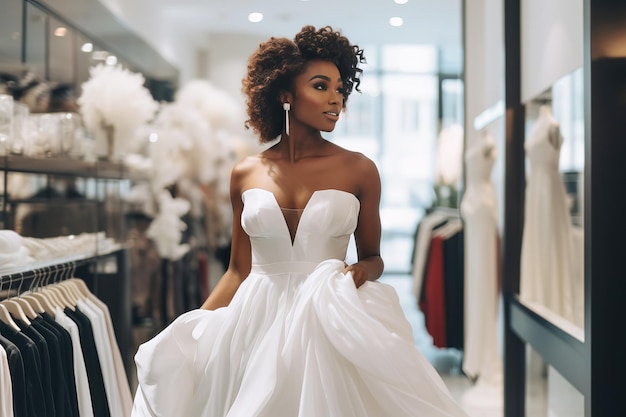 Una sposa afroamericana sta provando un elegante vestito da sposa in un moderno salone di nozze.