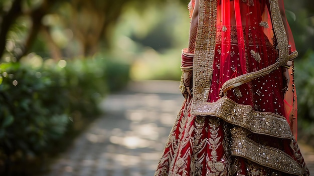 Una sposa che indossa un lengha ricamato rosso e oro si trova in un giardino Il viso della sposa non è visibile ma il suo abito è molto dettagliato e ornato