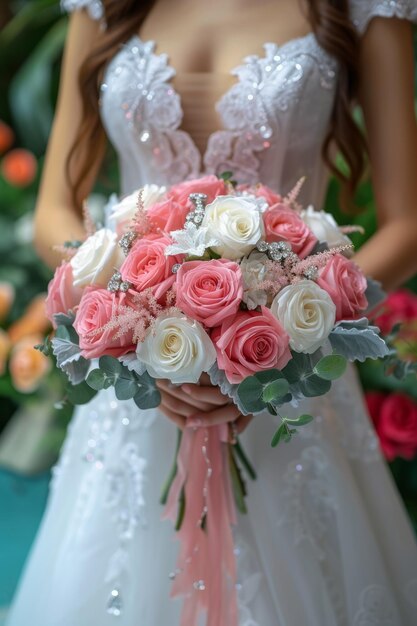 Una sposa con un bouquet di rose rosa e bianche