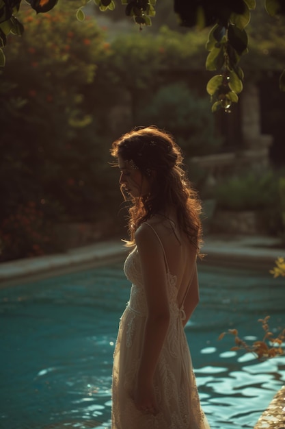 una sposa è in piedi accanto a una piscina a un matrimonio