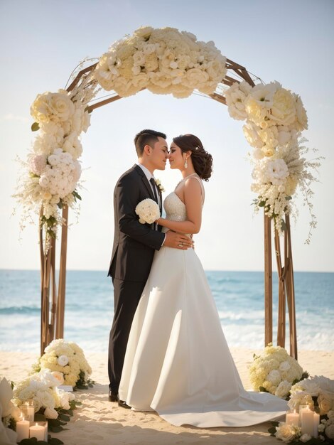 una sposa e lo sposo in piedi sotto un arco nuziale sulla spiaggia con fiori bianchi