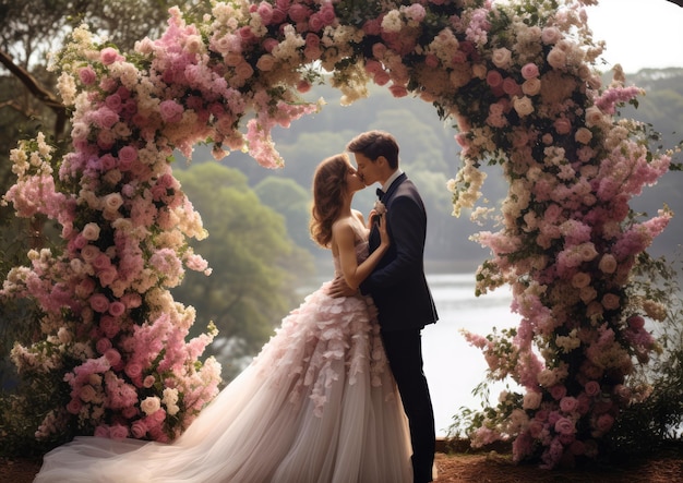 Una sposa e lo sposo si scambiano un bacio sotto un arco floreale