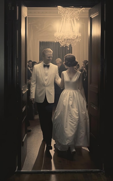 una sposa e uno sposo attraversano una porta