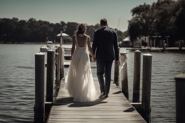 Una sposa e uno sposo camminano lungo un molo tenendosi per mano.