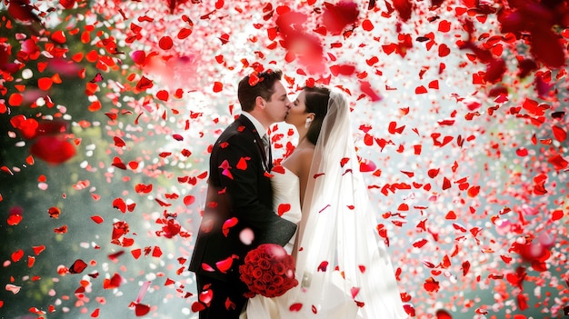 Una sposa e uno sposo che si baciano sotto una pioggia di petali di rosa