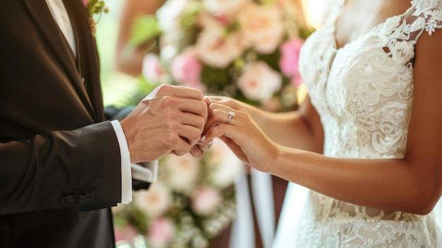 Una sposa e uno sposo che si scambiano gli anelli durante la cerimonia