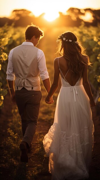 Una sposa e uno sposo che si tengono per mano mentre camminano attraverso una vigna al tramonto