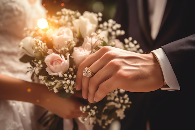 Una sposa e uno sposo che tengono un mazzo di fiori