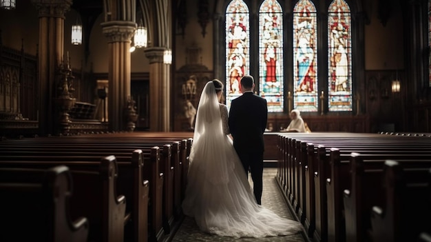 Una sposa e uno sposo entrano in una chiesa con una vetrata dietro di loro.