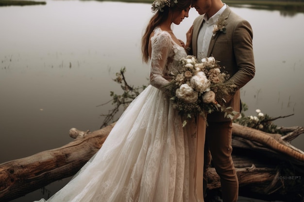 Una sposa e uno sposo si trovano su un molo di fronte a un lago e lo sposo indossa un abito da sposa.