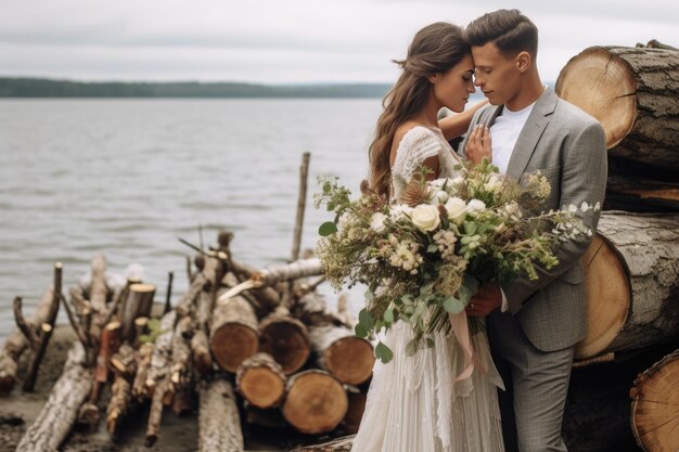 Una sposa e uno sposo si trovano su una spiaggia con un grande mucchio di tronchi sullo sfondo.