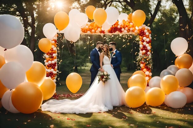 Una sposa e uno sposo sono in piedi davanti a un arco con palloncini e palloncini arancione e giallo.