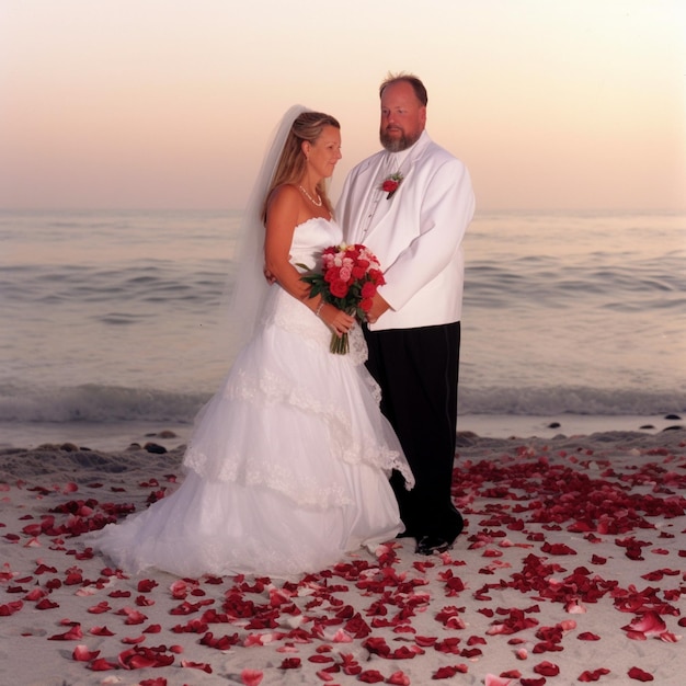 una sposa e uno sposo stanno su una spiaggia con petali e la parola "sposa" su di essa.