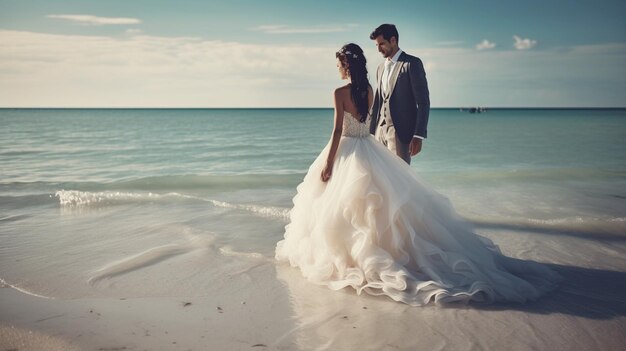 Una sposa e uno sposo stanno sulla spiaggia di cancun, in messico.