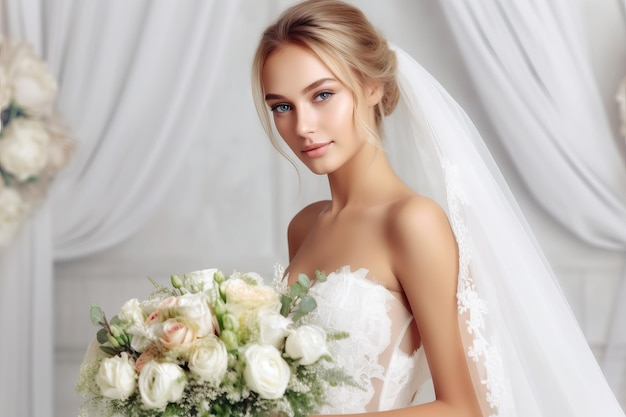 Una sposa in abito da sposa tiene un mazzo di fiori.