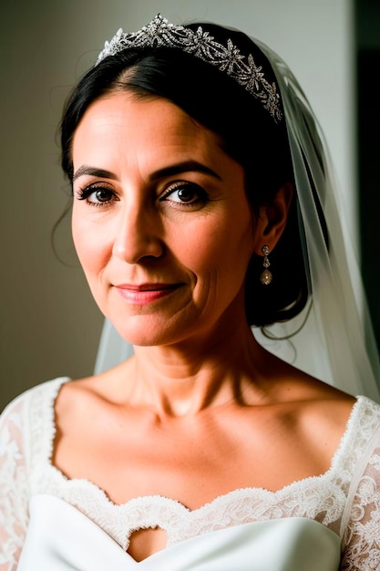 Una sposa indossa una tiara il giorno del suo matrimonio.