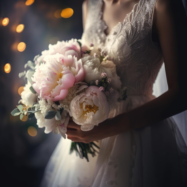 Una sposa tiene in mano un bouquet di peonie e altri fiori.