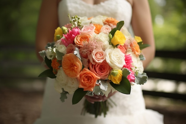 Una sposa tiene in mano un mazzo di fiori.