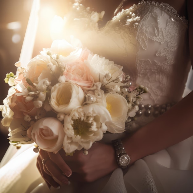 Una sposa tiene in mano un mazzo di fiori.