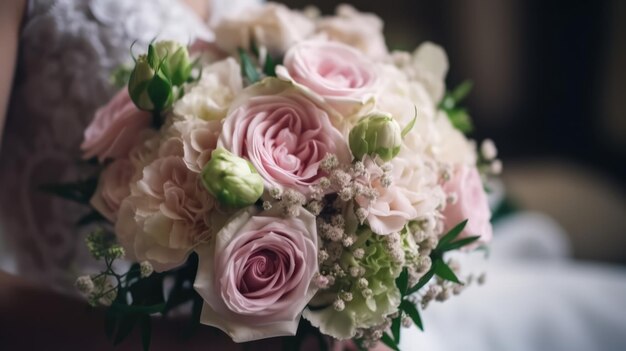 Una sposa tiene in mano un mazzo di fiori.