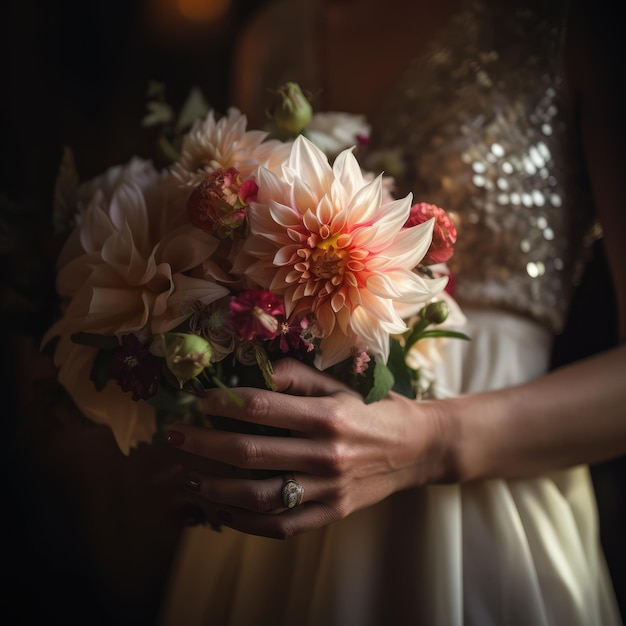 Una sposa tiene in mano un mazzo di fiori.