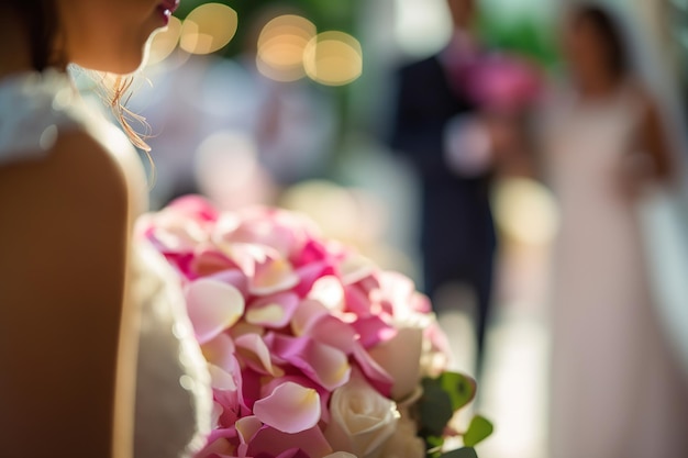 Una sposa tiene un mazzo di fiori davanti a uno sfondo sfocato