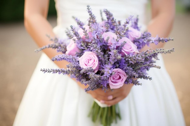 Una sposa tiene un mazzo di rose rosa.