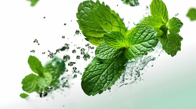 Una spruzzata d'acqua con foglie di menta