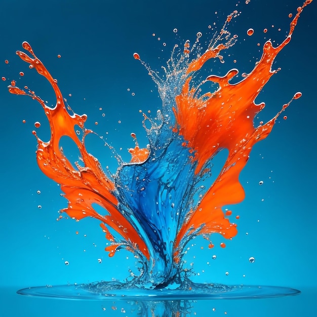 Una spruzzata di acqua blu e arancione con una spruzzata di colore della vernice astratta sfondo blu
