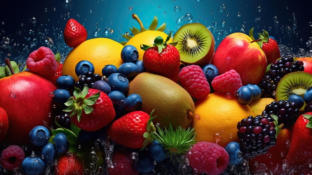 Una spruzzata di acqua e frutta in un bicchiere