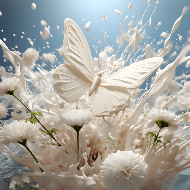 Una spruzzata di latte che si trasforma in una nuvola di farfalle bianche