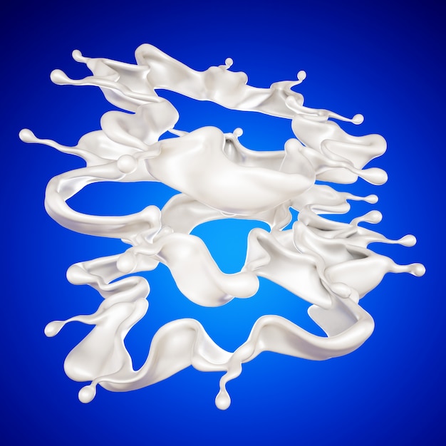 Una spruzzata di latte su sfondo blu. Rendering 3d.