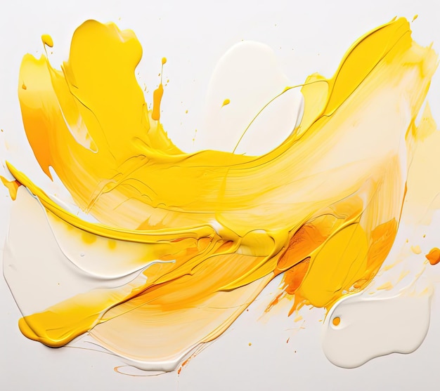 una spruzzatura di vernice gialla con un pennello su bianco nello stile della consistenza spessa.
