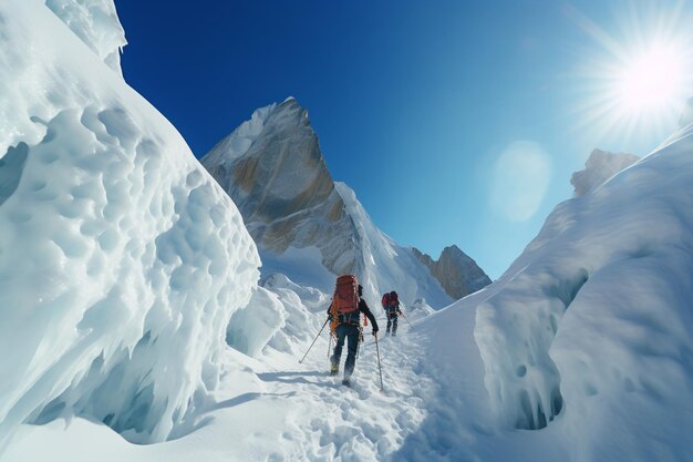 Una squadra di alpinisti risale un ripido canale di neve 00477 03