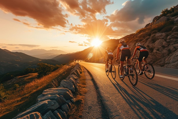 Una squadra di ciclisti cavalca su una strada di montagna al tramonto