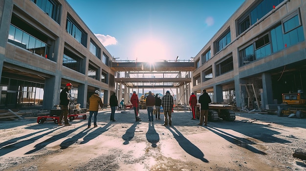 Una squadra di costruzione in un nuovo edificio grandangolare