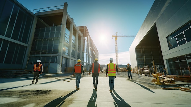 Una squadra di costruzione in un nuovo edificio grandangolare