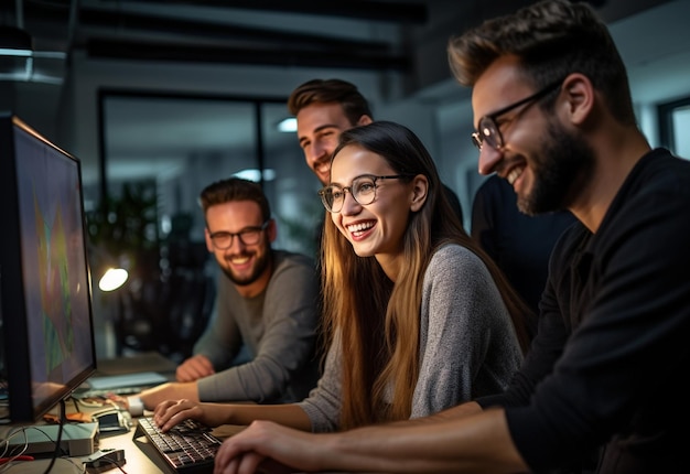 Una squadra di designer in un ufficio con un sorriso sul viso