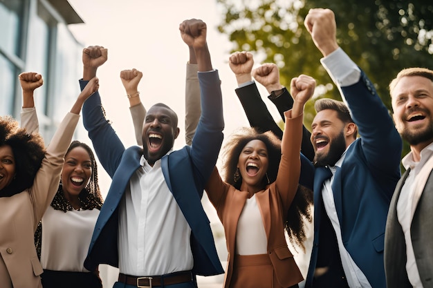 Una squadra di dipendenti diversi felici che festeggia il successo del business tra i confetti