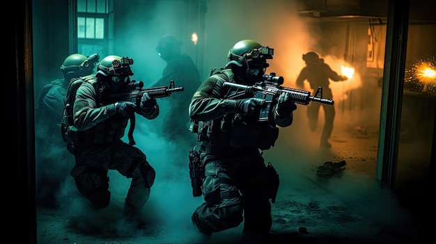 Una squadra di forze speciali militari che si infiltrano in una struttura di alta sicurezza usando occhiali da visione notturna e armi da fuoco soppresse.