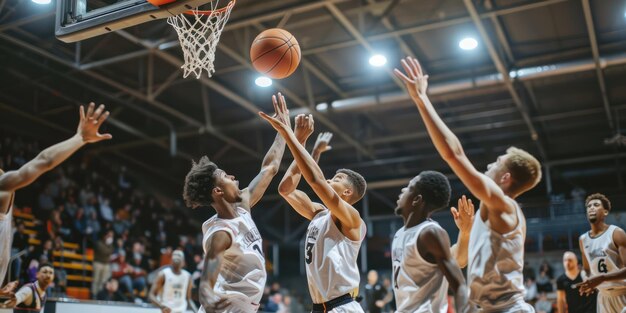 Una squadra di giocatori di basket che competono in una partita di campionato