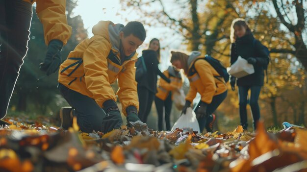 Una squadra di giovani volontari che raccoglie i rifiuti nel parco