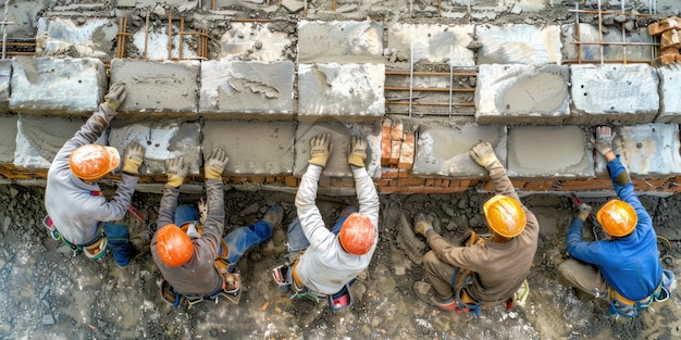 Una squadra di operai che posano i mattoni per costruire un muro