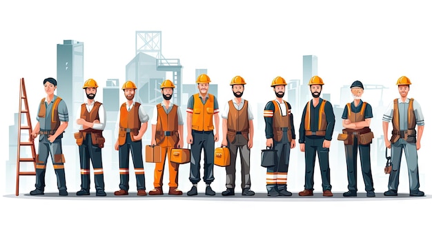 Una squadra di operai edili si unisce in rappresentanza di vari ruoli di lavoro nell'industria
