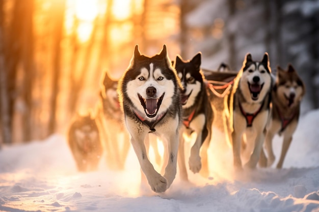 Una squadra di slitte di cani che corre attraverso un deserto innevato con i corridori della slitta e le zampe dei cani in movimento