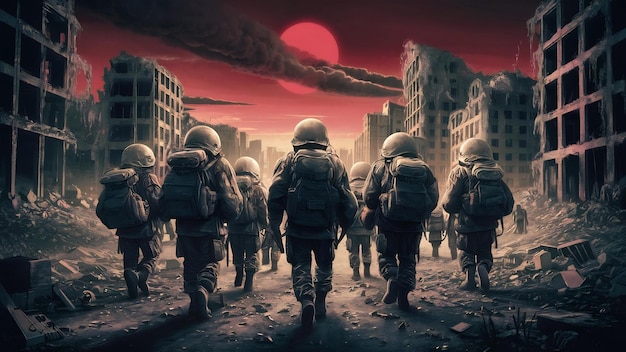 Una squadra di soldati cammina in città dopo l'illustrazione della guerra nucleare