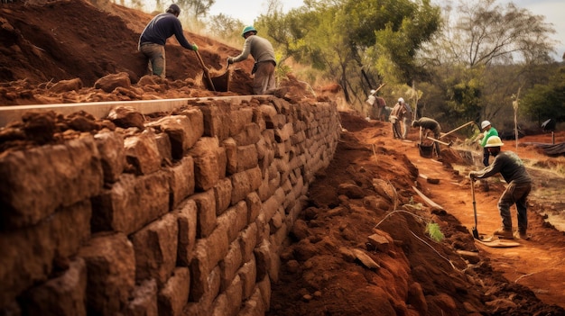 Una squadra di uomini abili costruisce meticolosamente un muro di mattoni