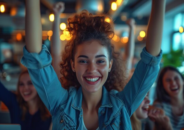 Una squadra felice di dipendenti di diverse razze che festeggia il successo aziendale.