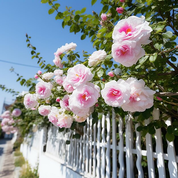 Una staccionata bianca con fiori rosa e foglie verdi.