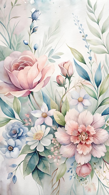 Una stampa botanica d'ispirazione vintage con illustrazioni di rose, peonie e altri fiori classici